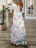 Plus Size Short Sleeve V Neck Print Long Dress GYSM-W0549