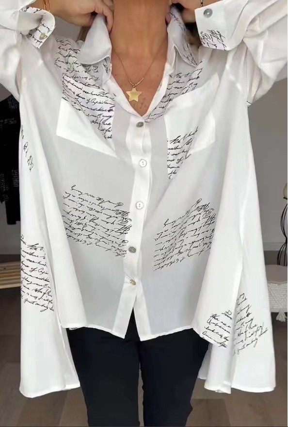 Plus Size Letter Print Long Sleeve Loose Swallow-tailed Shirt GYSM-W0742