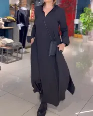 Solid Color V Neck Loose Long Dress GYSM-W0724