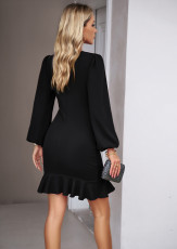 Bubble Sleeve Solid Color Midi Dress GYSM-W0727