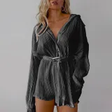 Pleated Tie Belt Casual Long Sleeve Shirt Dress GYSM-W0525