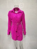 Pleated Tie Belt Casual Long Sleeve Shirt Dress GYSM-W0525
