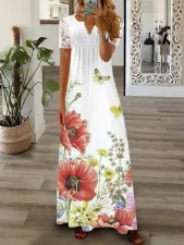 Plus Size Short Sleeve V Neck Print Long Dress GYSM-W0549