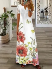 Plus Size Short Sleeve V Neck Print Long Dress GYSM-W0549