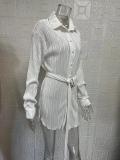 Pleated Tie Belt Casual Long Sleeve Shirt Dress GYSM-W0525