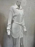 Pleated Tie Belt Casual Long Sleeve Shirt Dress GYSM-W0525
