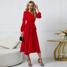 Solid Color Pleated Belt V-Neck Midi Dress GYSM-TT0623