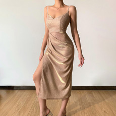 Sexy Deep V Neck Sling Split Midi Dress GYSM-AL88124