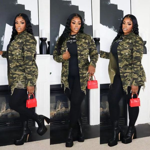 Camouflage Print Long Sleeve Holes Shirt OD-8661
