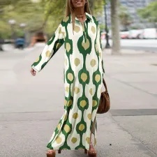 Plus Size Print Lapel Split Loose Maxi Dress GDAM-014