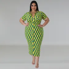 Plus Size Plaid Print Lapel Midi Dress GDAM-218389