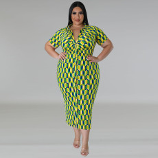 Plus Size Plaid Print Lapel Midi Dress GDAM-218389