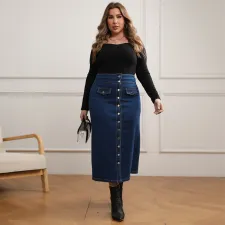 Plus Size Button Fake Pocket Denim Skirt GDAM-048