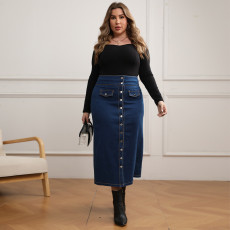 Plus Size Button Fake Pocket Denim Skirt GDAM-048