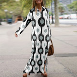 Plus Size Print Lapel Split Loose Maxi Dress GDAM-014