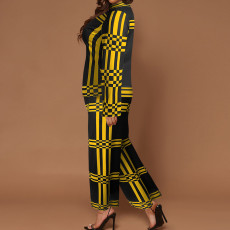Plus Size Stripe Print Long Sleeve 2 Piece Pants Set GDAM-218357