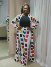 Casual Print Long Split Coat Two Piece Pants Set NY-10771