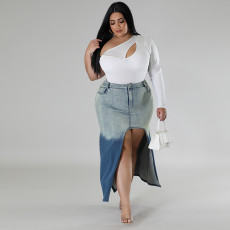 Plus Size Denim Woven Gradient Split Half Body Skirt GDAM-8011