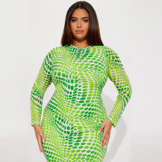 Plus Size Print Long Sleeve Split Midi Dress GDAM-218365