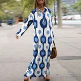 Plus Size Print Lapel Split Loose Maxi Dress GDAM-014
