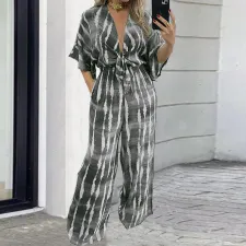 Plus Size Print 3/4 Sleeve Straight Jumpsuit GDAM-218296