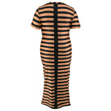 Plus Size Knits Stripe Print Short Sleeve Midi Dress GDAM-218362
