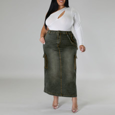 Plus Size Fashion Denim Split Half-body Skirt GDAM-8007