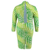 Plus Size Print Long Sleeve Split Midi Dress GDAM-218365
