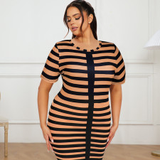 Plus Size Knits Stripe Print Short Sleeve Midi Dress GDAM-218362