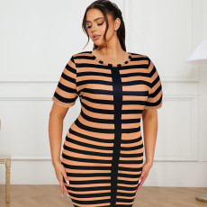 Plus Size Knits Stripe Print Short Sleeve Midi Dress GDAM-218362