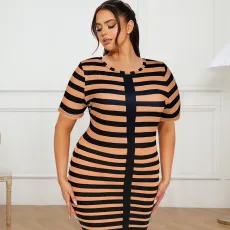 Plus Size Knits Stripe Print Short Sleeve Midi Dress GDAM-218362