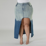 Plus Size Denim Woven Gradient Split Half Body Skirt GDAM-8011