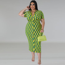 Plus Size Plaid Print Lapel Midi Dress GDAM-218389