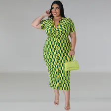 Plus Size Plaid Print Lapel Midi Dress GDAM-218389