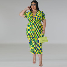 Plus Size Plaid Print Lapel Midi Dress GDAM-218389