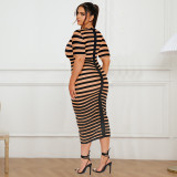 Plus Size Knits Stripe Print Short Sleeve Midi Dress GDAM-218362
