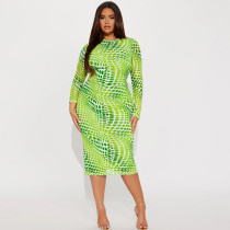 Plus Size Print Long Sleeve Split Midi Dress GDAM-218365