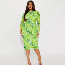 Plus Size Print Long Sleeve Split Midi Dress GDAM-218365