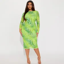 Plus Size Print Long Sleeve Split Midi Dress GDAM-218365