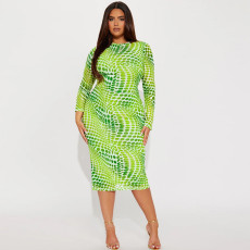 Plus Size Print Long Sleeve Split Midi Dress GDAM-218365