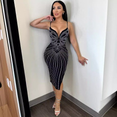 Hot Drill V Neck Sling Split Midi Dress NY-3182