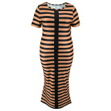 Plus Size Knits Stripe Print Short Sleeve Midi Dress GDAM-218362