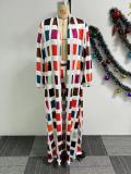 Casual Print Long Split Coat Two Piece Pants Set NY-10771