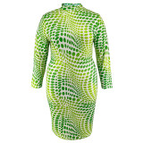 Plus Size Print Long Sleeve Split Midi Dress GDAM-218365