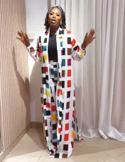 Casual Print Long Split Coat Two Piece Pants Set NY-10771
