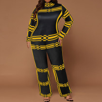 Plus Size Stripe Print Long Sleeve 2 Piece Pants Set GDAM-218357