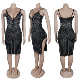 Hot Drill V Neck Sling Split Midi Dress NY-3182
