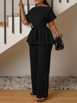 Solid Color Strappy Top Wide Leg Pants Casual Set MIL-T110