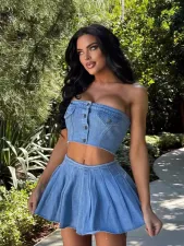 Wrap Chest Button Denim Split Skirt 2 Piece Set YMEF-51093