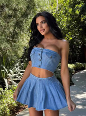 Wrap Chest Button Denim Split Skirt 2 Piece Set YMEF-51093
